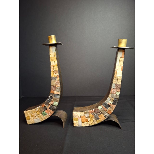 Vintage Mid-Century Eilon Mosaics Hand-Hammered Copper & Holy Land Stone Shofar Candlesticks For Sale In Boston - Image 6 of 15