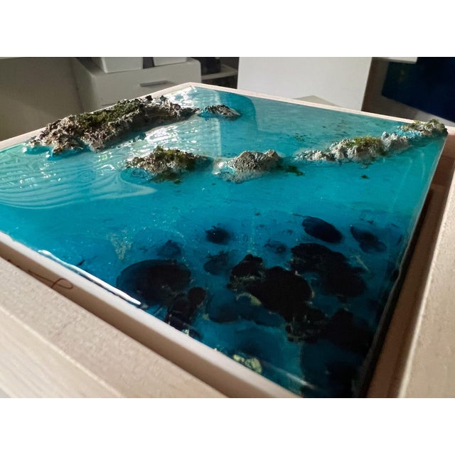Flying Over the Ocean #5 by Ana Hefco | Layered tinted resin & Mixed Media on wood panel Abstract ocean landscape with islands. For Sale - Image 4 of 5