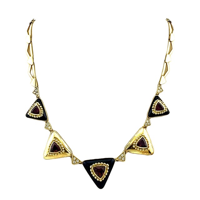 Gold Vintage L. Ricci for Lancetti 18K Blue Enamel Necklace with Natural Tourmaline For Sale - Image 8 of 12