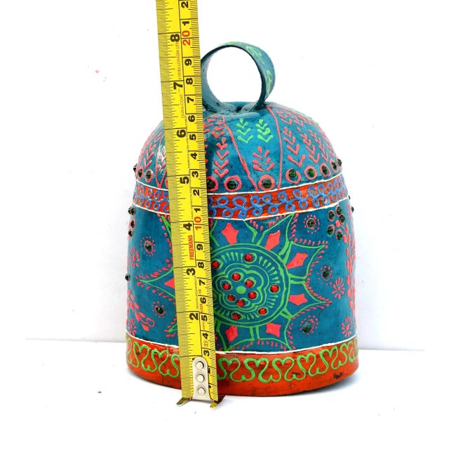 Vintage Swiss Cow Bell Metal Decorative Emboss Hand Painted For Sale - Image 4 of 4