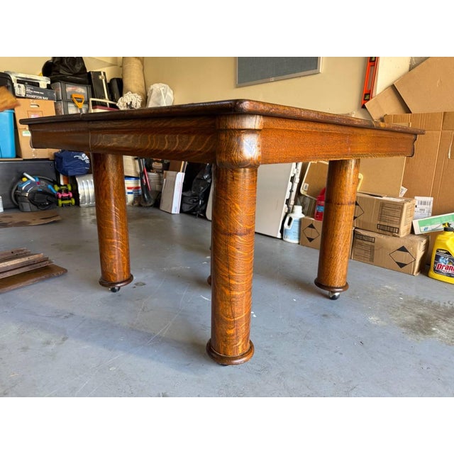 Victorian Antique Victorian Style Tiger Oak Table, Square Dining Table With Leaves on Casters For Sale - Image 3 of 17