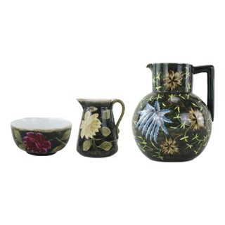Vintage Victorian Dark Green Hand-Painted Floral Pitcher, Creamer & Bowl Set For Sale