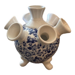 Vintage Delft Blue and White Delfleur Holland Hand Painted 7 Arm Tulip Vase For Sale