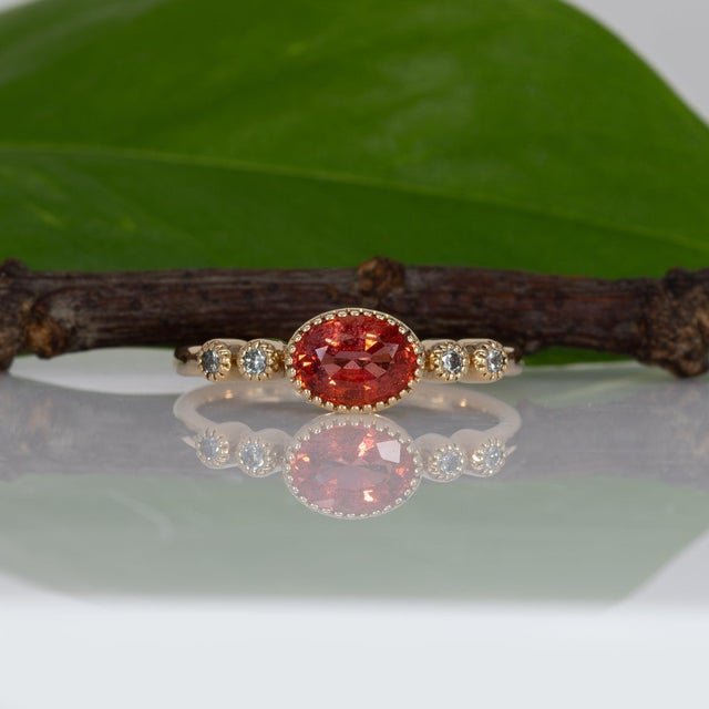 Padparadscha Sapphire Ring With Natural Diamond Accents: Solid 14k Gold, Size 6.75 For Sale In Columbus - Image 6 of 10