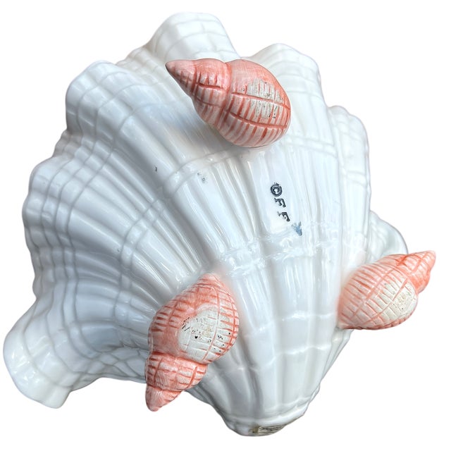 Shell Vintage Fitz & Floyd Footed Porcelain Coquille Shell Bowl – Hand-Painted Coral & White For Sale - Image 7 of 8