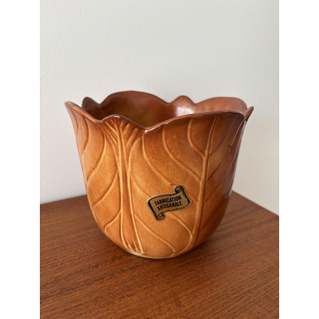 Tan Vintage Handmade Ceramic Flower and Leaf-Shaped Planter, France, 1970s For Sale - Image 8 of 8