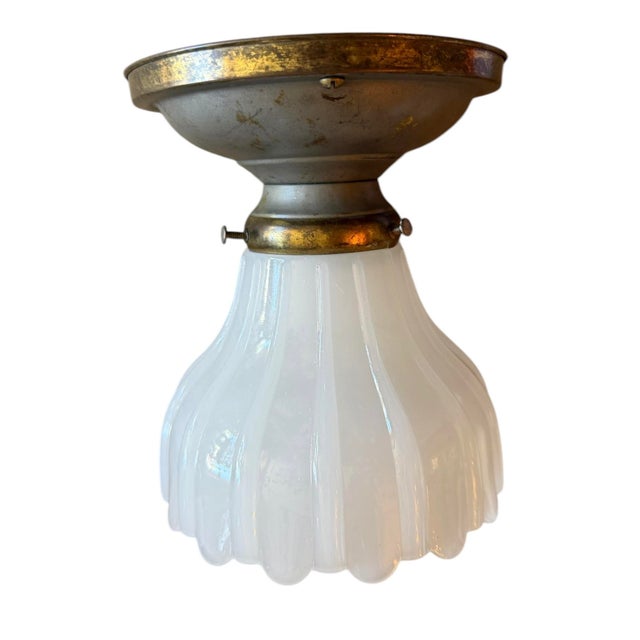 Mid-Century Modern Antique Flushmount Light Fixture With Original Painted Patina Gray and Gold Canopy For Sale - Image 3 of 5
