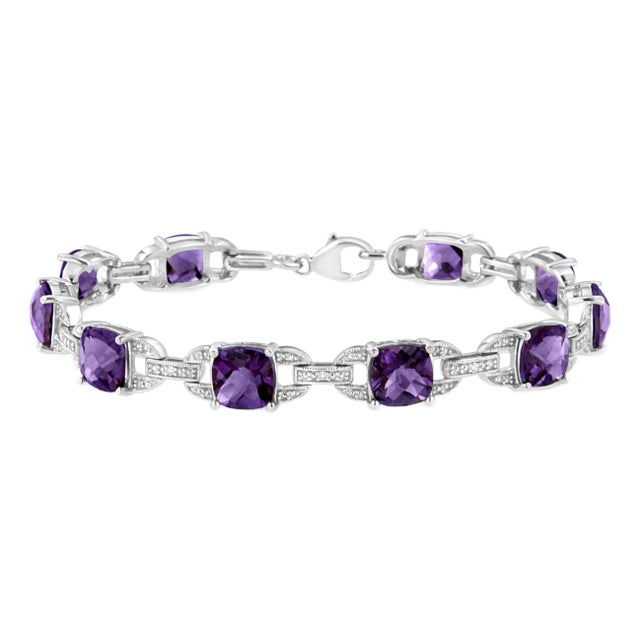 .925 Sterling Silver 7mm Cushion Cut Amethyst Gemstone and Diamond Tennis Link Bracelet - Size 7" For Sale
