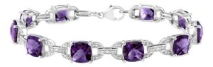 .925 Sterling Silver 7mm Cushion Cut Amethyst Gemstone and Diamond Tennis Link Bracelet - Size 7"