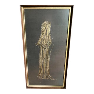 Mid 20th Century Mid Century Modern Vintage Wood Framed Brass Rubbing Depicting a Medieval Lady in Prayer For Sale
