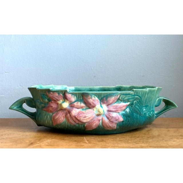 Mid 20th Century Vintage Roseville Green Clematis Ceramic Bowl For Sale - Image 5 of 12