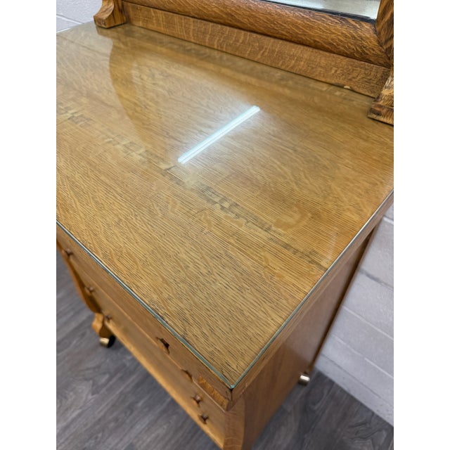 Brown Antique American Empire Revival Oak Highboy Dresser Chest of Drawers With Mirror For Sale - Image 8 of 18