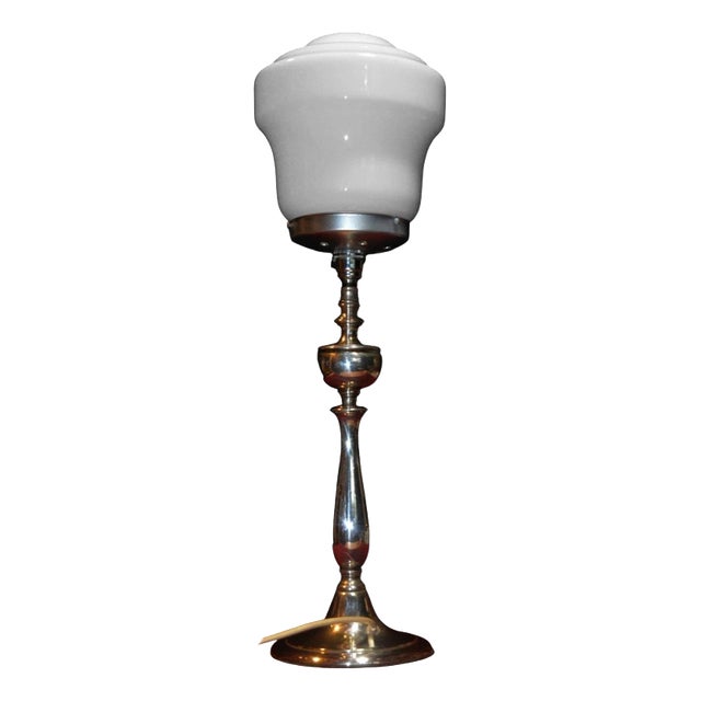 English Art Deco Silver-Plated and Opaline Glass Table Lamp, 1920 For Sale