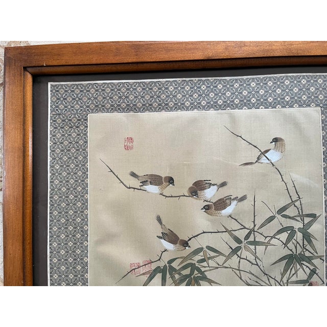 Chinese Mid 20th Century Vintage Chinese Birds and Bamboo Painting on Silk, Framed For Sale - Image 3 of 9