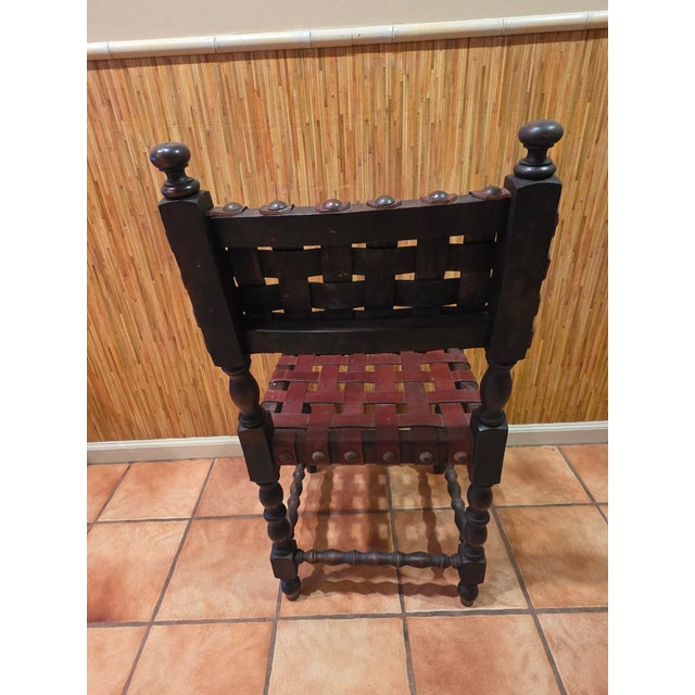 Animal Skin Mid 20th Century Spanish Set of Six Interlaced Leather Wooden Chairs For Sale - Image 7 of 12