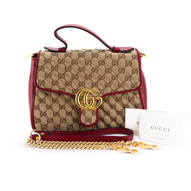 Gucci Gg Marmont Mini Beige Gg Canvas Red Leather Top Handle Bag For Sale - Image 11 of 13