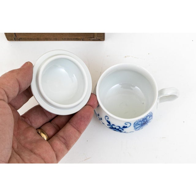 Ceramic Meissen Porcelain Trio - 1979 Snow Queen Plate, Blue Onion Cream Cup, and White Blossom Relief Bowl For Sale - Image 7 of 10