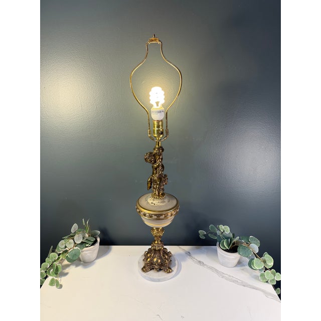 Metal Vintage Hollywood Regency Cherub Putti Ivory & Gold Table Lamp - = Original Fringed Shade For Sale - Image 7 of 7