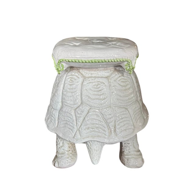 Mid 20th Century Vintage Italian White & Green Glazed Terracotta Turtle Ceramic Garden Stool With Pillow Top, Circa 1960 For Sale - Image 5 of 12