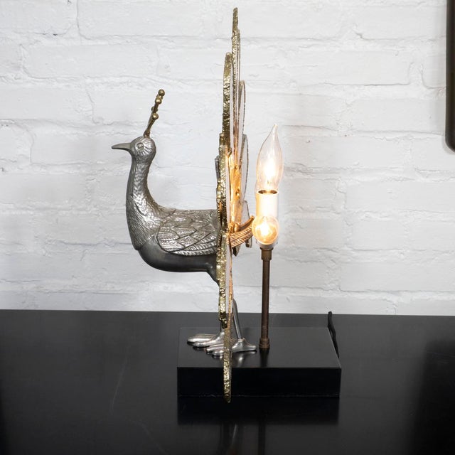 Brass Brass and agate peacock sculpture with lights For Sale - Image 8 of 11