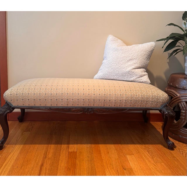 Beautiful Queen Anne style walnut bench featuring elegant cabriole legs and carved apron detail. Upholstered in high-...