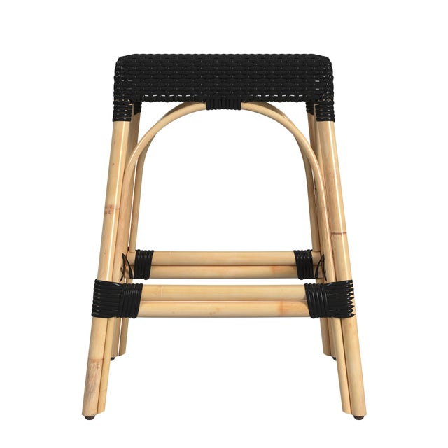 Spritely Home Accent Furniture Robias 24.5 in. Seat Height Rectangular Rattan Backless Counter Stool with Footrest, Black/ Natural Rattan Frame For Sale - Image 4 of 7