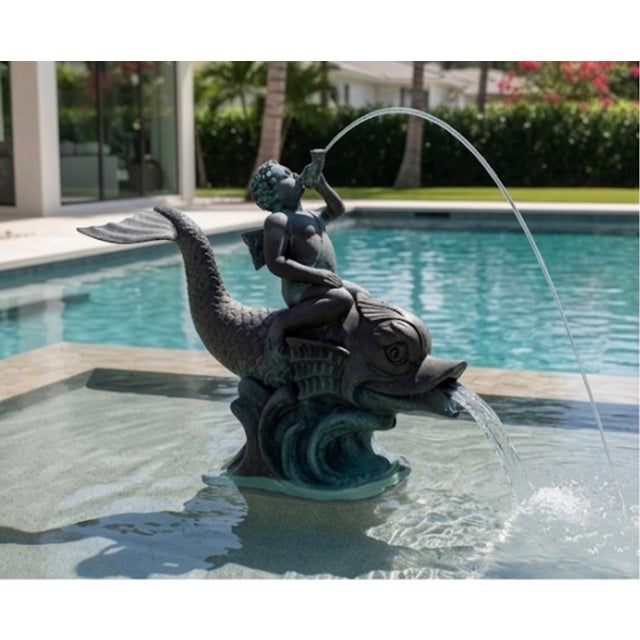 1970s Large Classical Verdigris Bronze Cherub & Dolphin Fountain For Sale - Image 9 of 12