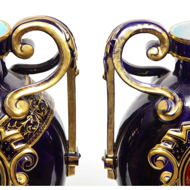 Late 19th Century Pair of Late 19th Century Cobalt Blue Porcelain and Limoges Enamel Portrait Vases For Sale - Image 5 of 12