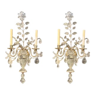 1920 French Silver Leaf Sconces With Rock Crystals - a Pair For Sale