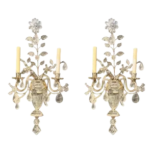 1920 French Silver Leaf Sconces With Rock Crystals - a Pair