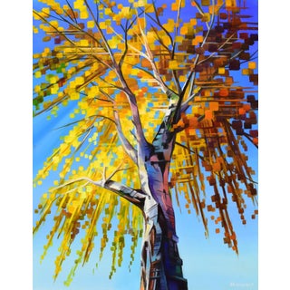 Strength and Beauty by Michelle Condrat | Oil on board Tree with vibrant autumn leaves against blue sky For Sale