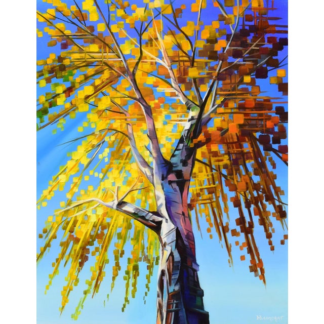 Strength and Beauty by Michelle Condrat | Oil on board Tree with vibrant autumn leaves against blue sky For Sale