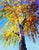 Strength and Beauty by Michelle Condrat | Oil on board Tree with vibrant autumn leaves against blue sky For Sale