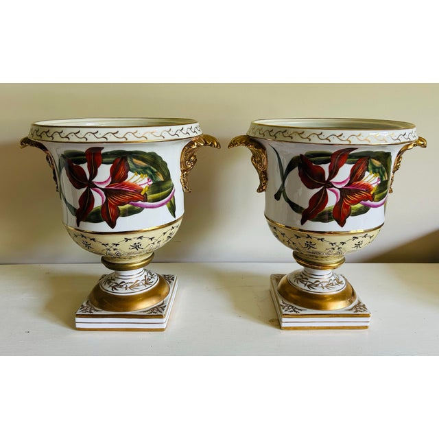 White Vintage Chelsea House Neoclassical Urn Style Hand Painted & Gold Planters ~ a Pair For Sale - Image 8 of 12