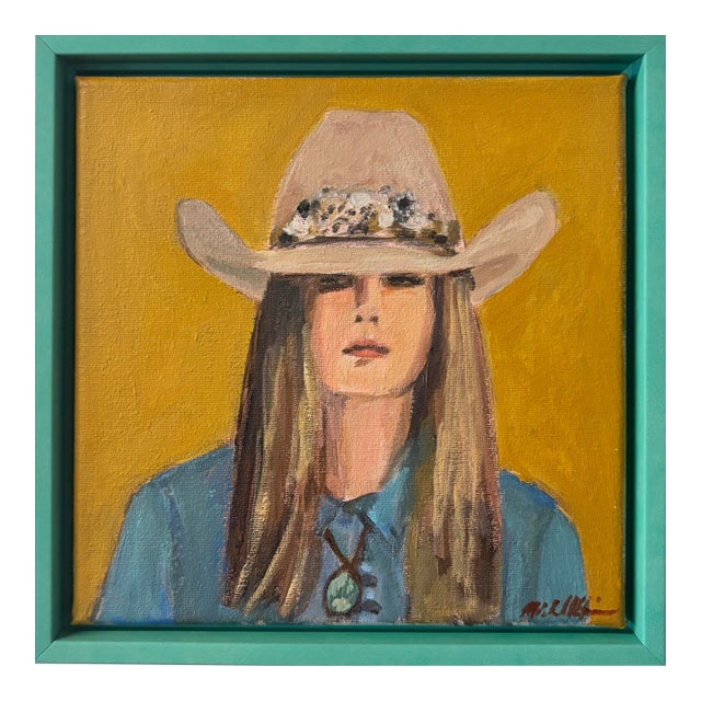 Pink Pony Club Portrait of a Cowgirl. An Original Framed Painting by Michelle Heimann. For Sale