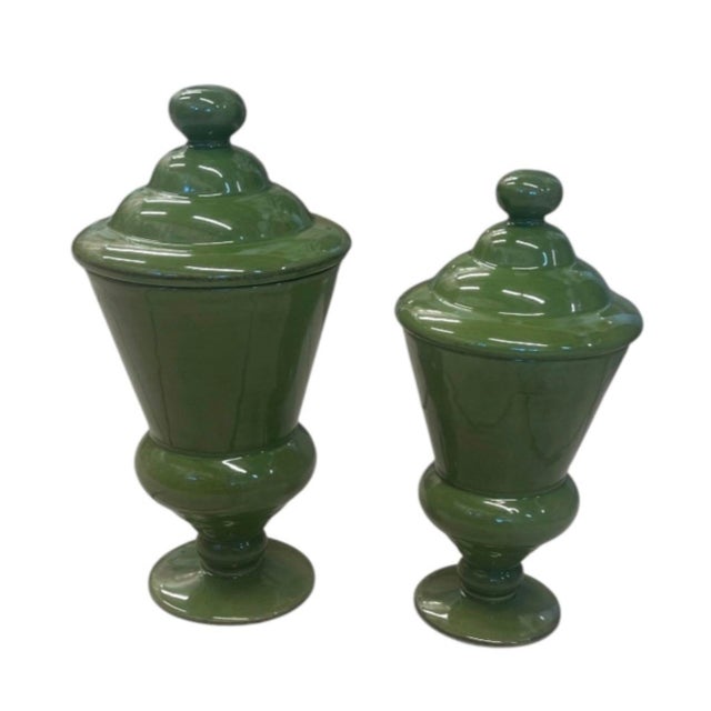 2000 - 2009 Pair of Vintage Olive Green Glazed Ceramic Covered Urns - Graduated Sizes For Sale - Image 5 of 12