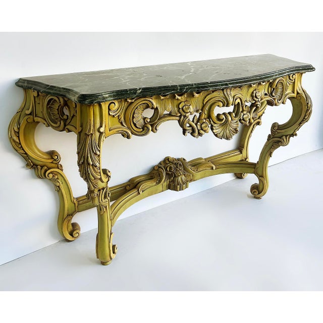 Late 20th Century Italian Marble Top Painted Carved Console Table in Baroque Rococo Style For Sale - Image 4 of 11