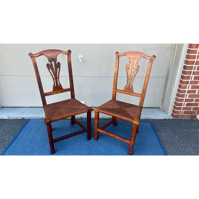 A Pair of New England Tiger Maple Chippendale Side Chairs With Rush Seats, Circa 1800 For Sale - Image 10 of 12