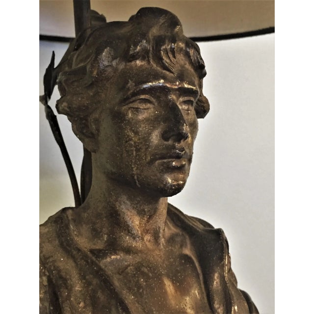 Slag (Spelter) Statue of a Stalwart Dutch(?) Plowman, circa 1915, with shade. This male figure lamp is signed “Pieffer” /...