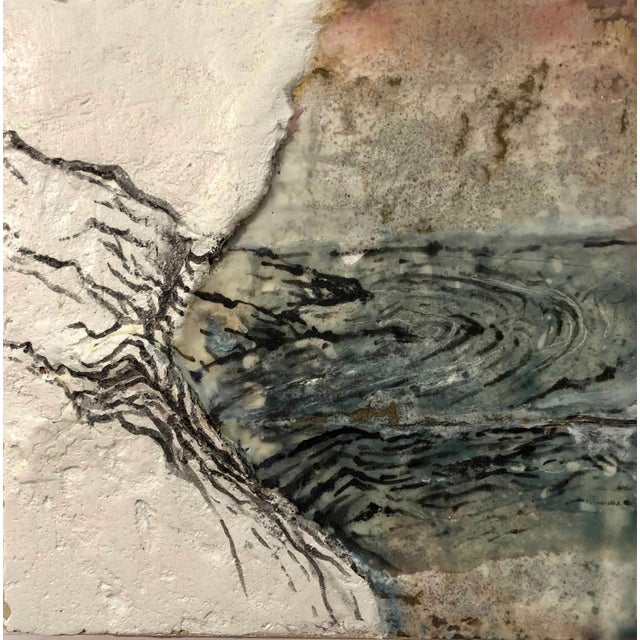 Solitude by Cindy Shih | Encaustic, sumi Ink, and plaster on wood abstract landscape scene For Sale