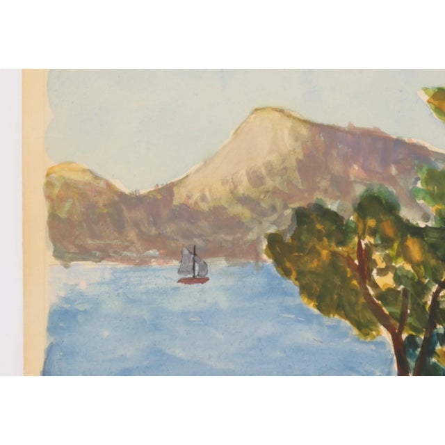 Mid-Century Modern Mid-Century 50s Amalfi Coast Landscape Outsider Folk Art Water Color Painting For Sale - Image 3 of 6