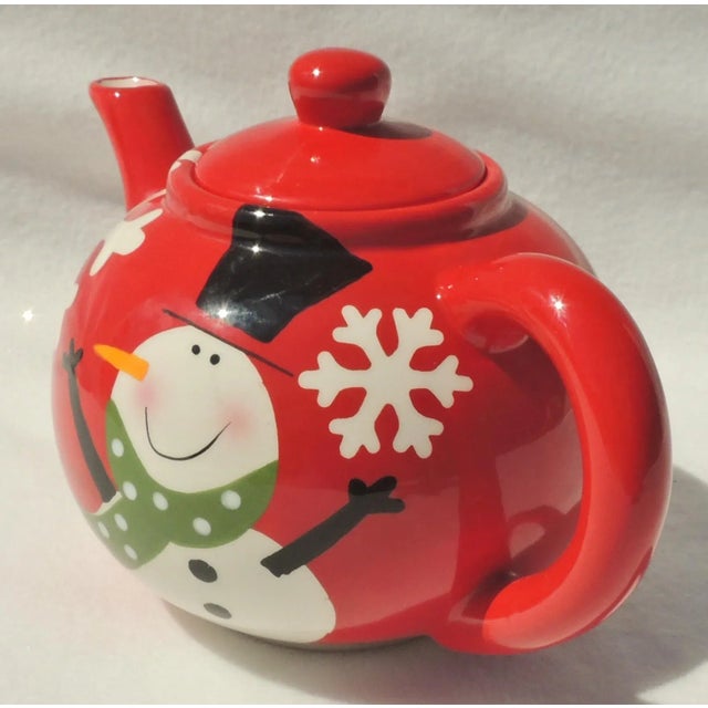 1980s Vintage Hand Painted Red & White Snowman Porcelain Snowflake Christmas Holiday Teapot Tea Pot For Sale - Image 5 of 9