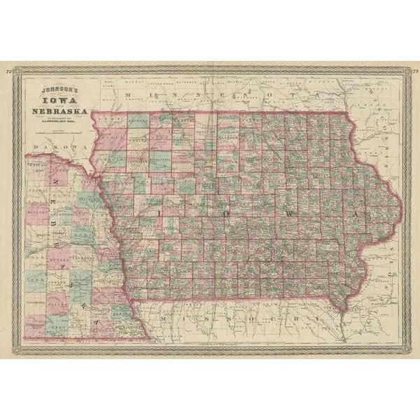 Antique map titled 'Johnson's Iowa and Nebraska'. Original map of Iowa and Nebraska. This map originates from 'Johnson's...