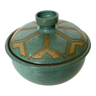 Mid Century Modern Stoneware Robin Egg Blue Covered Bowl For Sale
