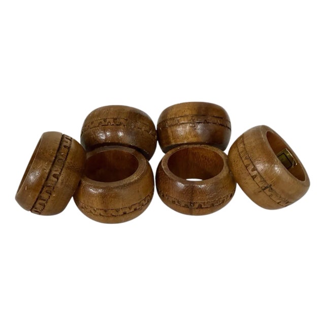 Vintage Mid Century Wooden Carved Zigzag Pattern Napkin Rings - Set of 6 For Sale