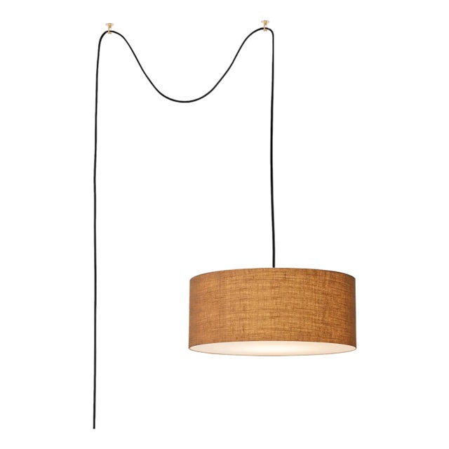 Stretch Swag Lamp, Burlap Shade, Weathered Brass, for Living Room or Bedroom For Sale