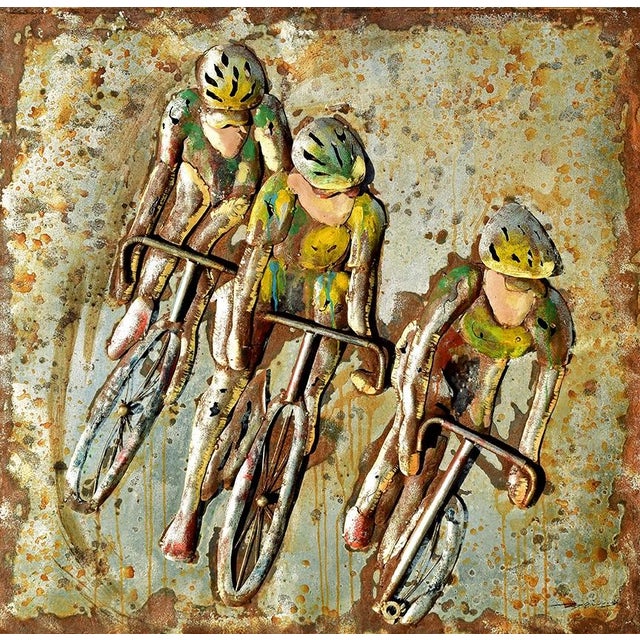 Late 20th Century Original Sculptural Metal Wall Art Piece Depicting Racing Bicyclists. This modern 3-D sculptural piece...