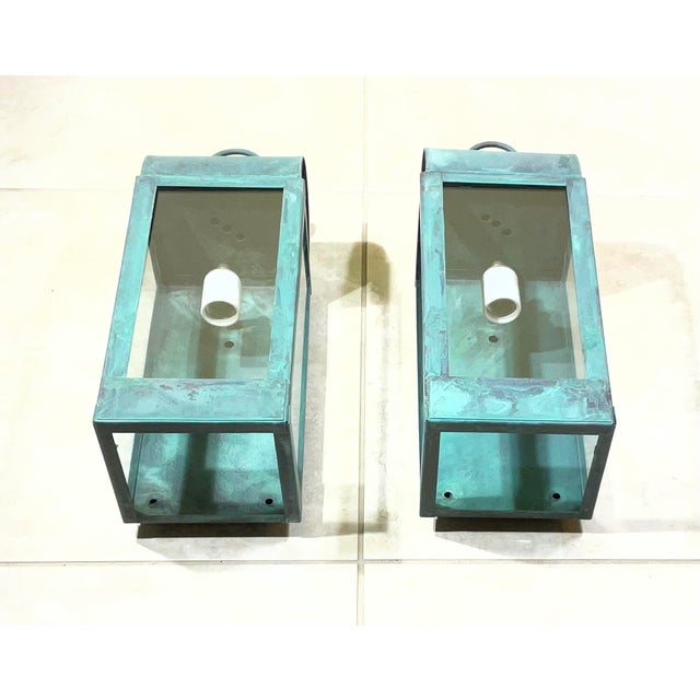 Contemporary Pair of Custom Hand-Crafted Solid Copper Wall Lanterns -17”x 6”25 Wide X 7”deep For Sale - Image 3 of 10