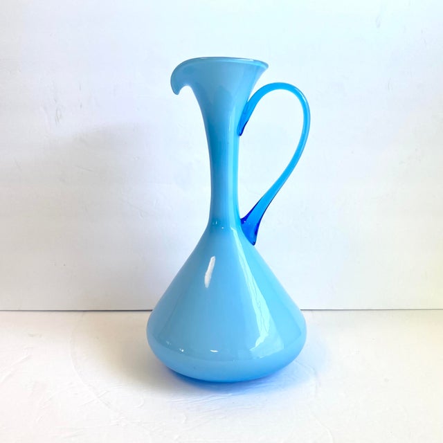 Mid-Century Modern Italian Art Glass Pitcher Sky Blue Cased Glass Turquoise Vessel Attributed to Empoli Italy For Sale - Image 3 of 9