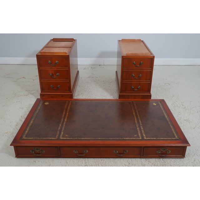 English Yew Wood Brown Leather Top 3 Part Desk For Sale - Image 18 of 18